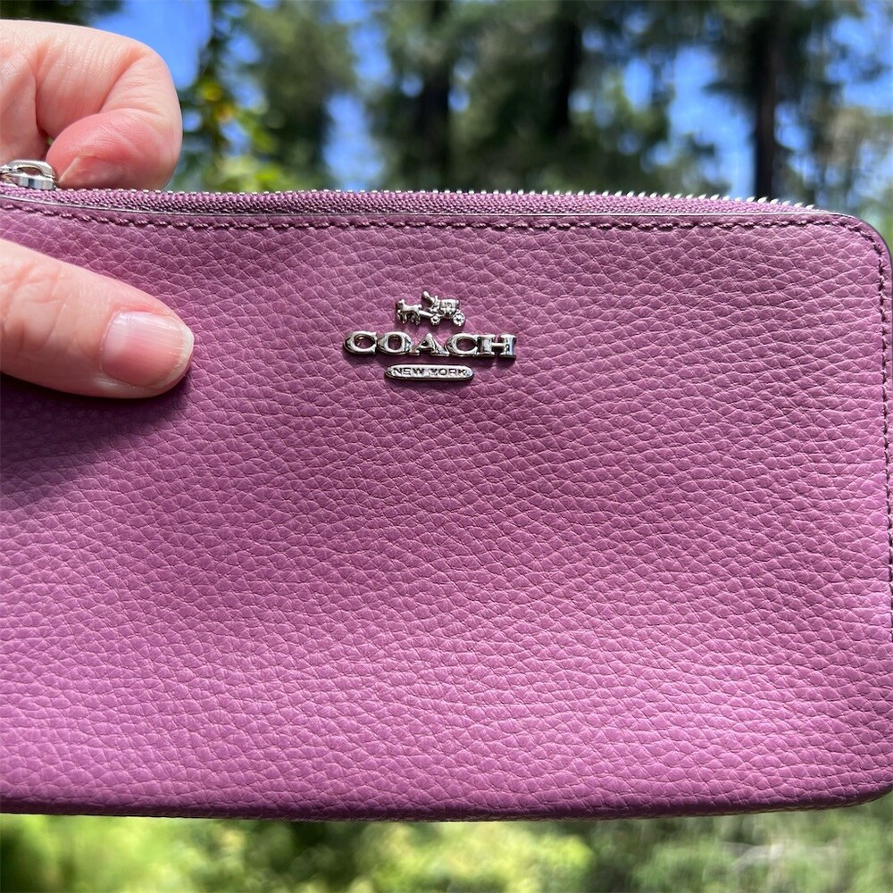 COACH Pebbled Leather Wristlet Wallet Double Zip Purple w Silver Hardware - Picture 13 of 15